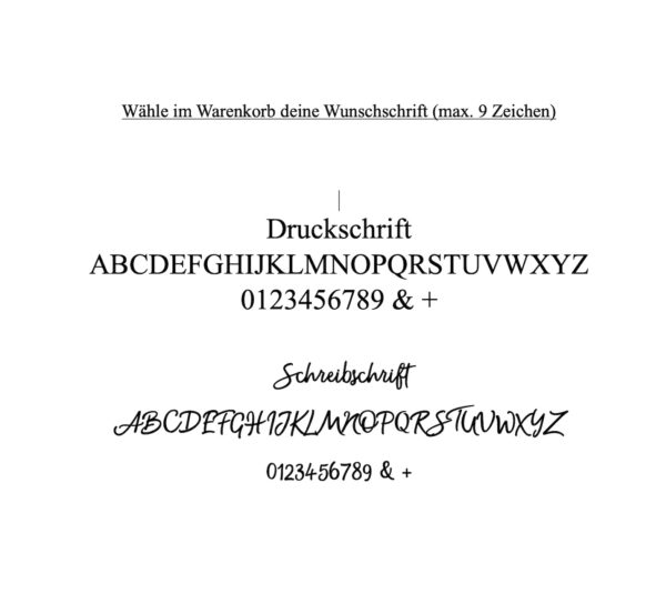 Schriftarten Beispiel Schreibschrift und Druckschrift für Gravuren Frau Schnieke